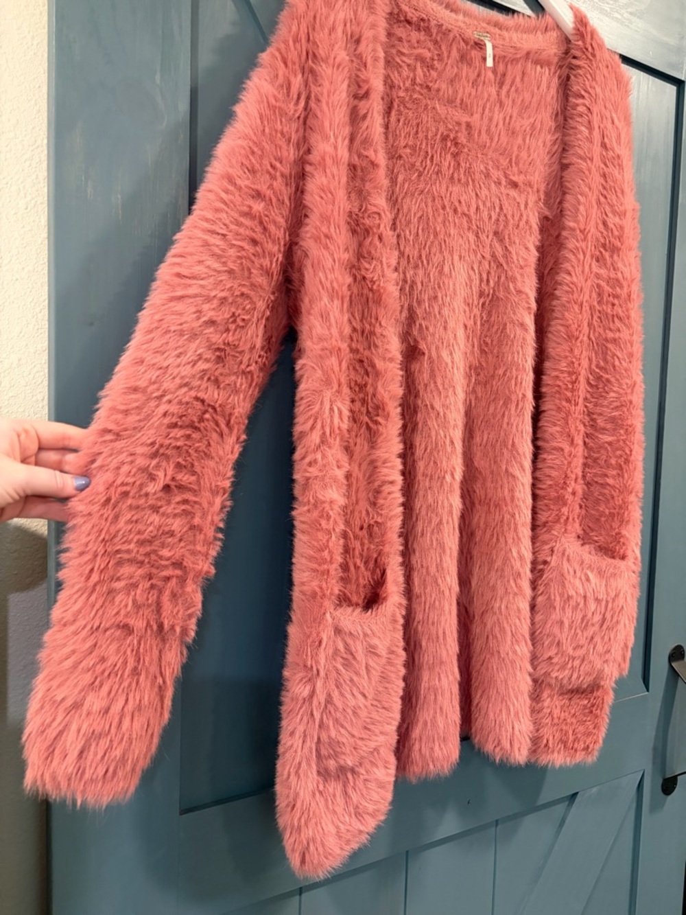 Free People Small Cardigan Sweater Dusty Pink Faux Fur Oversized Open Front - Picture 6 of 9